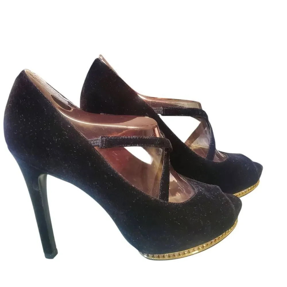 Adrianna Papell Women's Embellished Black Velvet Platform Leather Sole Heel Stil